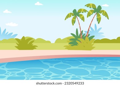 Tropical landscape with empty swimming pool vector illustration. Cartoon outdoor luxury scenery of summer beach resort or backyard garden with palm trees at poolside, beautiful blue water and sky