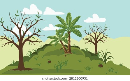 Tropical landscape featuring bare trees and banana palms under a bright blue sky