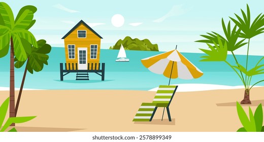 Tropical landscape featuring soft sand, clear water, swaying palm trees, a cozy beach chair, and a vibrant beach umbrella, all illustrating an idyllic paradise hotel in a playful cartoon style