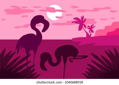Tropical landscape with flamingo, palms and sun. Tropics sunset. Vector