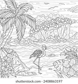 Tropical landscape and flamingos.Coloring book antistress for children and adults. Illustration isolated on white background.Hand draw