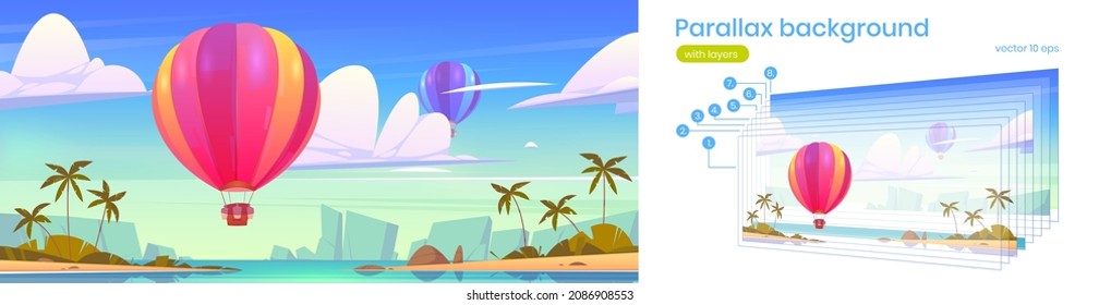 Tropical landscape with flying hot air balloons, sea bay, palm trees on beach and mountains on horizon. Vector parallax background for 2d animation with cartoon colorful airships with baskets