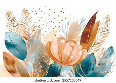 Tropical landscape hand drawn watercolor pattern illustration with teal beige colors watercolor blossom flowers, leaves. Vector paint beautiful lines tropic plants leafy background. Isolated on white.