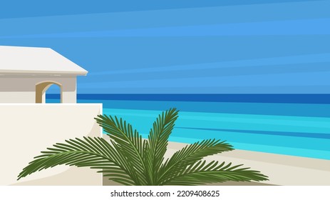 Tropical landscape with a house by the sea, palm tree and skyline. Place for text. Vector illustration, wallpaper.