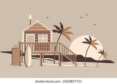 Tropical landscape with a house with a terrace, a surfboard, palm trees, sun at sunset on the seashore. Flat illustration in beige colors, vector