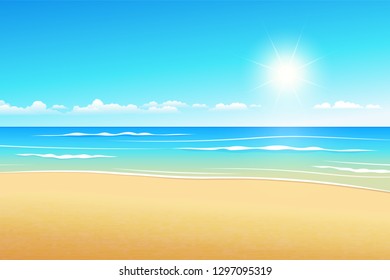 Tropical landscape illustrates summer beach in the daytime.