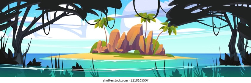 Tropical landscape with island in ocean, uninhabited secret pirate isle with beach, palm trees, jungle lianas and rocks at sea under cloudy sky. Cartoon game panoramic background, Vector illustration