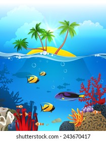 Tropical landscape with island and underwater life