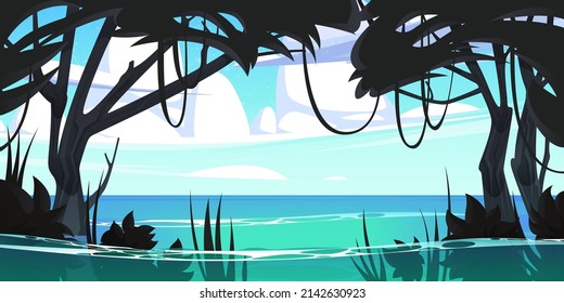 Tropical landscape of jungle on sea beach. Vector cartoon illustration of summer exotic island with ocean shore and silhouettes of rainforest trees and grass in water