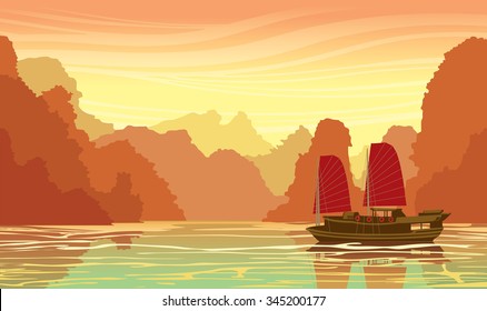 Tropical landscape with limestone rocks and old traditional sailboat in sea bay on a sunset sky. Nature travel vector illustration.