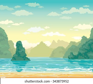 Tropical landscape with limestone rocks and sea bay on a cloudy sky. Nature vector illustration. 