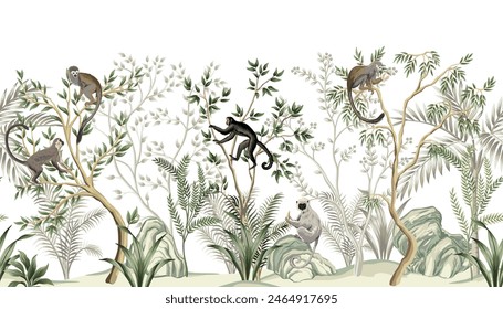 Tropical landscape with monkey, trees, plants. Jungle animal mural.	