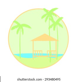 Tropical landscape in orange round frame.Vector illustration