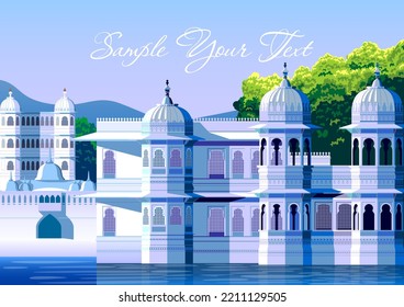 Tropical landscape with palaces, traditional houses, trees and the lake. Handmade drawing vector illustration.