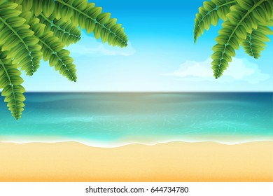 Tropical landscape with palm leaf and sea beach. Summer background. Vector illustration.