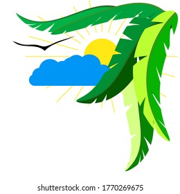 Tropical landscape: palm leaves, sun, cloud, seagull. Corner composition.
