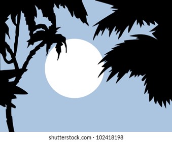 tropical landscape with palm on foregrounds, vector illustration