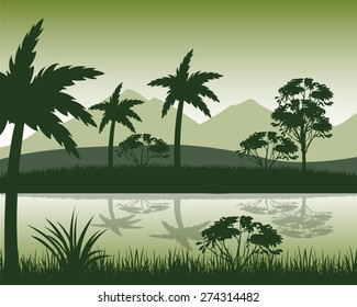 The Tropical landscape with palm and river.Vector illustration