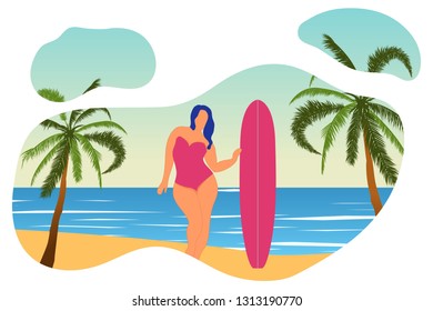 Tropical landscape. Palm, sand, ocean on background. Surfing woman on a beach Vector illustration. 