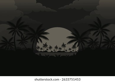 tropical landscape with palm silhouettes moon and clouds in dark colors vector illustration.