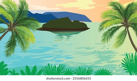Tropical landscape with palm tree clouds and island