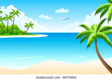 Tropical landscape with palm tree clouds and island