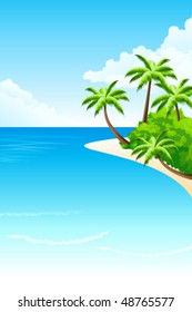 Tropical landscape with palm tree clouds and island
