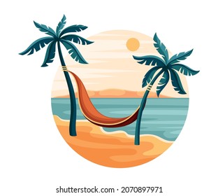 Tropical Landscape with Palm Tree and Hammock in Circle Closeup Vector Illustration