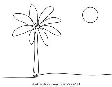 Tropical landscape. Palm tree on the beach. International Day of the Tropics. One line drawing for different uses. Vector illustration.