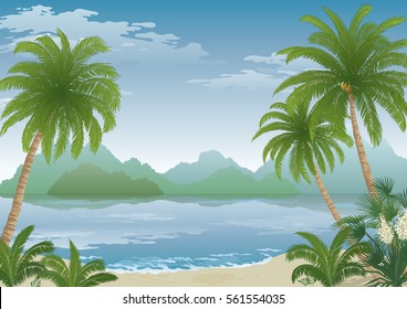 Tropical Landscape, Palm Tree on Ocean Beach, Yucca Flowers, Mountains and Clouds. Eps10, Contains Transparencies. Vector