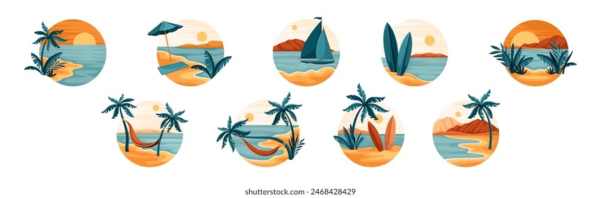 Tropical Landscape with Palm Tree and Sandy Shore Vector Set