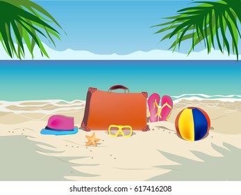 Tropical landscape with palm trees, ball, starfish, sunglasses, summer shoes and suitcase. Vector, summer vacation concept banner. Background of the oceanic horizon. Frame from palm branches