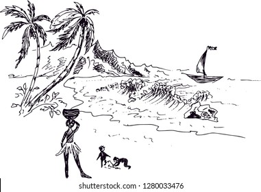 Tropical landscape. Palm trees, the boat, the natives. Vector illustration.