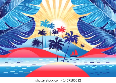 Tropical landscape with palm trees and bright sunshine on the beach. Design template for tourism advertising or book cover.