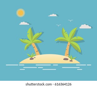 Tropical landscape with palm trees in flat style a vector.Summer background with sea, sand, sun, palms.Traveling template for design for flyer, booklets, poster.party poster