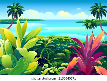 Tropical landscape and palm trees   flowers  islands  clouds   the sea in the background  Handmade drawing vector illustration  Retro style poster 