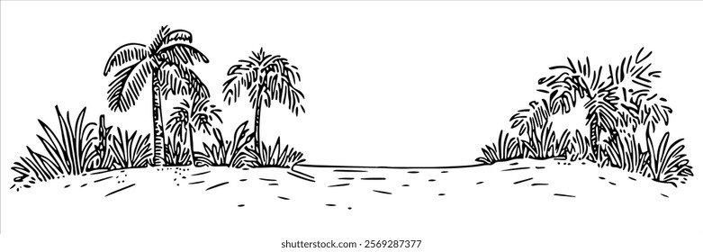 tropical landscape with palm trees and lush vegetation hand drawn doodle sketch