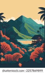 Tropical landscape with palm trees, mountains and lake. Vector illustration flat color cartoon style travel poster