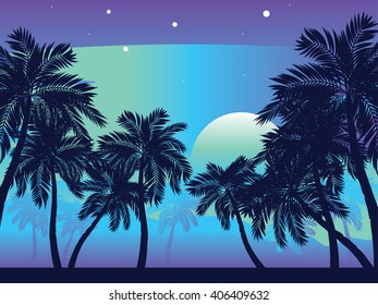 Tropical landscape with palm trees at night.