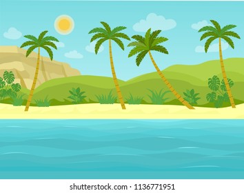 Tropical landscape with palm trees, ocean and mountain. Vector flat style illustration