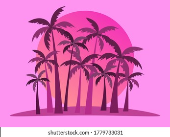 Tropical landscape with palm trees on a background of sea sunset. 
80s Retro style. Background for advertising, poster and banner. Vector illustration