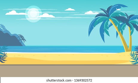 Tropical landscape. Palm trees and tropical plants. Seascape.