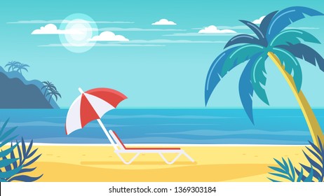 Tropical landscape. Palm trees and tropical plants. Seascape. Beach chair with umbrella on the beach.