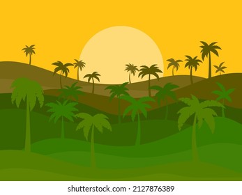 Tropical landscape with palm trees with sun. Silhouettes of palm trees on the hills. Summer time. Design of advertising booklets, banners, posters and travel agencies. Vector illustration