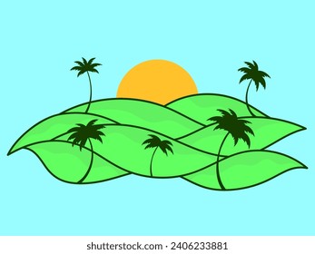 Tropical landscape with palm trees and sun. Wavy landscape with green hills and the sun on the horizon. Dawn over green fields. Design for posters, prints and banners. Vector illustration