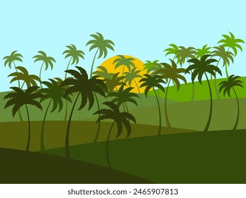 Tropical landscape with palm trees with sun. Silhouettes of palm trees on the hills. Summer time. Design of advertising booklets, banners, posters and travel agencies. Vector illustration