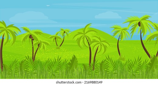Tropical landscape. Palm trees, tropical vegetation, sky. Color vector background.