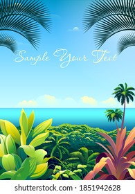 Tropical landscape and palm trees  yachts  flowers  islands  clouds   the sea in the background  Handmade drawing vector illustration  Retro style poster 