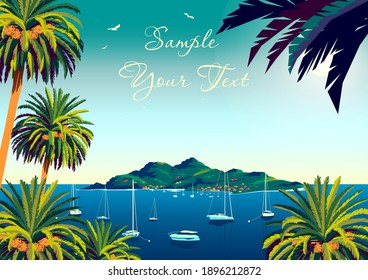 Tropical Landscape With Palm Trees, Yachts, Island And The Sea In The Background. Handmade Drawing Vector Illustration. Retro Style Poster.