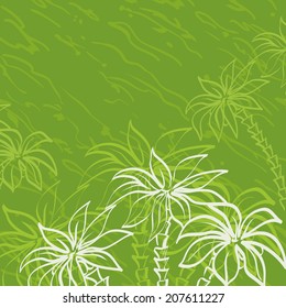 Tropical landscape, palm trees yellow and white contours on green background. Vector